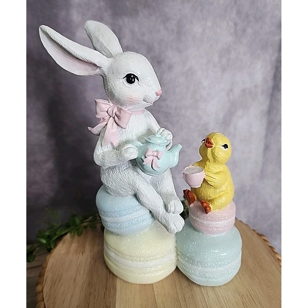 Easter‎ Bunny Rabbit Chick Sitting on Macarons Tea Party Figurine Decor 9" NEW